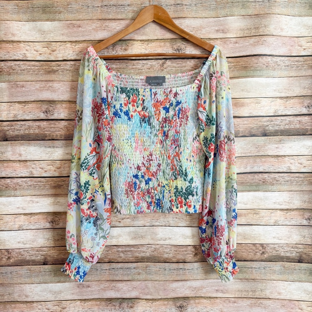 By Anthropologie Rouen Green Floral Watercolor Smocked Sheer Top Size Small